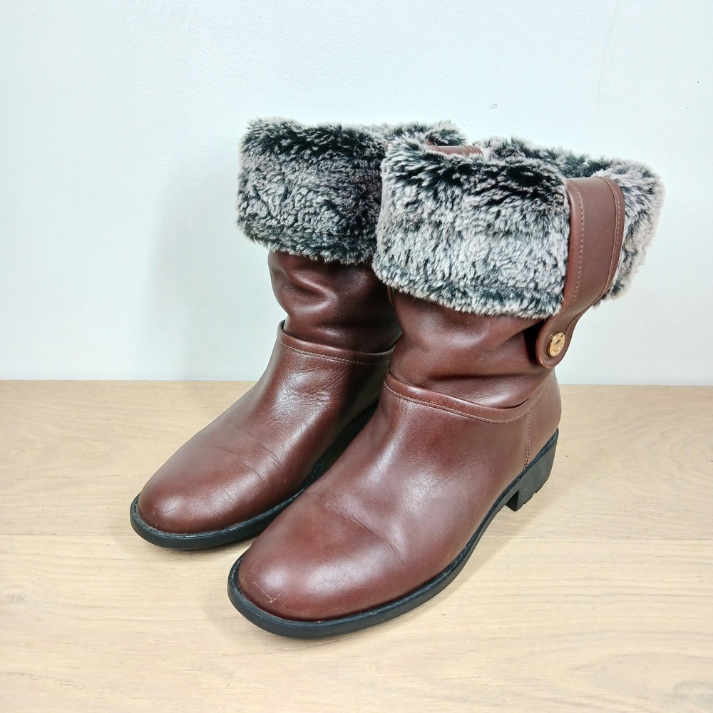 Cole Haan Boots Women 7B Brown Leather Faux Fur Cuff Waterproof Winter Casual